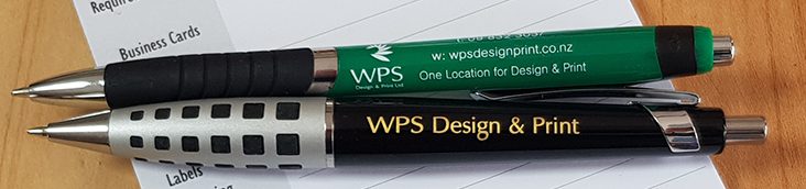 laser engraved promotional pen NZ WPS logo close up
